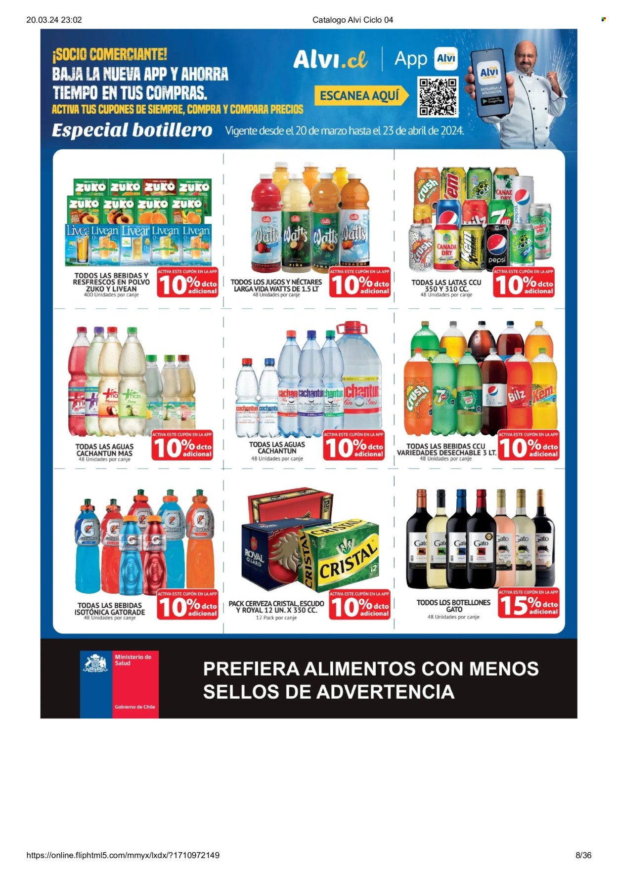 thumbnail - Catálogo Alvi - 01.04.2024 - 30.04.2024 - Ventas - Canada Dry, bebida alcohólica, cerveza Cristal, cerveza, Larga Vida, nectar, refresco, Pepsi. Página 8.