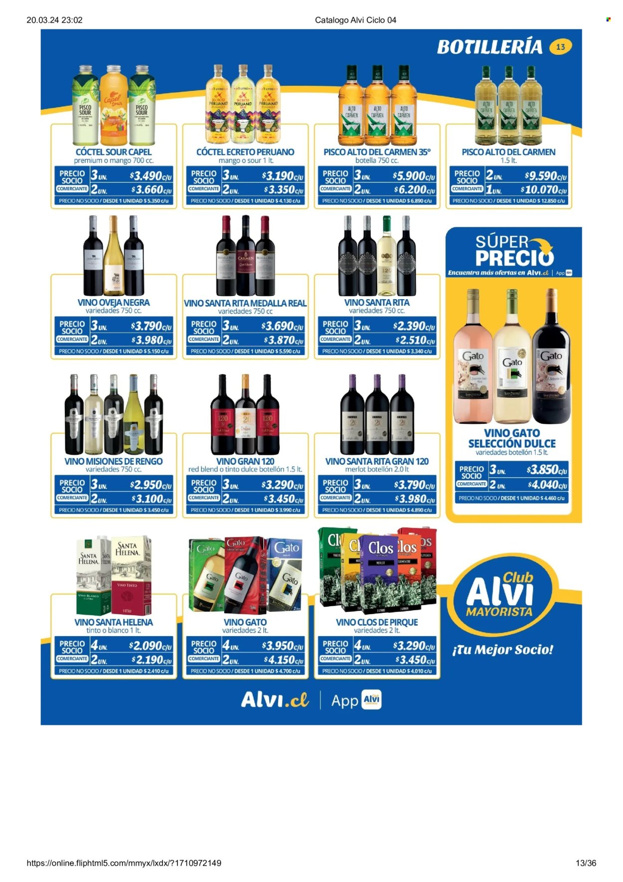 thumbnail - Catálogo Alvi - 01.04.2024 - 30.04.2024 - Ventas - bebida alcohólica, vino, Merlot, vino blanco, vino tinto, pisco, Capel. Página 13.
