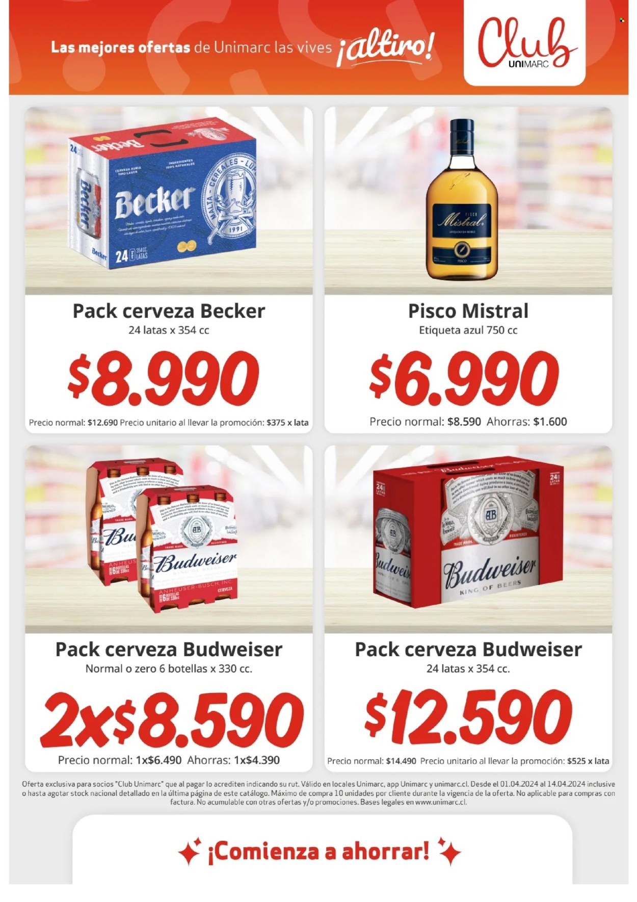 thumbnail - Catálogo Unimarc - 01.04.2024 - 30.04.2024 - Ventas - Budweiser, cerveza rubia, bebida alcohólica, cerveza, oblea, cereales, pisco, botella. Página 13.