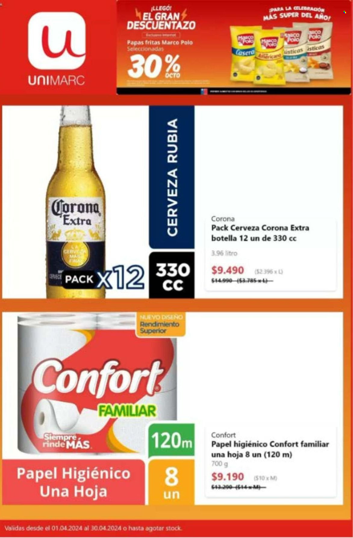 thumbnail - Catálogo Unimarc - 01.04.2024 - 30.04.2024 - Ventas - cerveza rubia, Corona, bebida alcohólica, cerveza, papas fritas, Rinde Más, chips, papel higienico. Página 5.